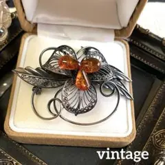 ヴィンテージ　琥珀風　ブローチ