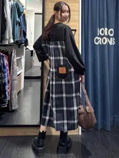 特価ブラック♪チェックドッキングワンピースまとめ値引きで更にオトク！買いましょう