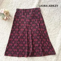 ローラアシュレイ 赤と黒の花柄フレアスカート ひざ丈 7 ウエストゴム