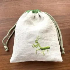 リネンの裏地付きコップ袋(カマキリ刺繍入り)