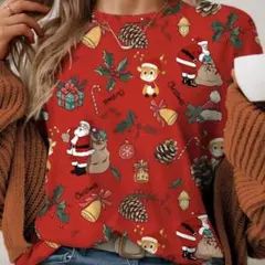 クリスマスデザイン レッド半袖Tシャツ M