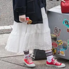 新品◇BONLECILL｜フリルギャザーレースロングスカート オフホワイト
