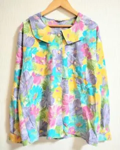 春夏昭和レトロ個性古着vintage花柄長袖ブラウスusedポリシャツクラシカル