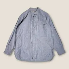 80s PASHU 日本製 バンドカラー デザイン プリーツシャツ 長袖 M青系