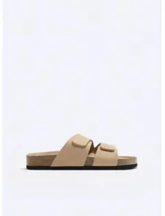 【ZARA】 ダブルストラップ サンダル　スプリットレザー　ベージュのサムネイル