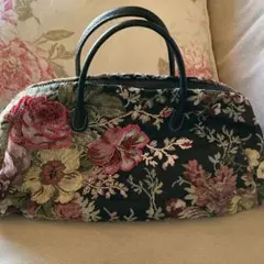 レザー持ち手　花柄ゴブラン生地　ビーズ刺繍のあるボストン型ハンドバッグ