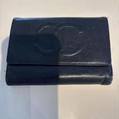 シャネル　黒　三つ折り財布　キャビアスキン　デカココ　チェーンウォレット