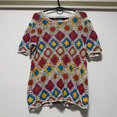 古着　クロシェ編み 半袖ニット マルチカラー Lのサムネイル