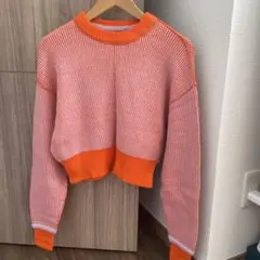 オレンジ チェック柄 クロップドニットセーター