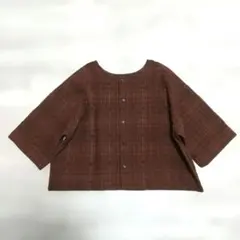 中古品 ダブルフロントシアージャガードチェッククルーネックブラウス ブラウンのサムネイル