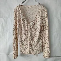 PINK HOUSE Vネックカーディガン 羽織　小花柄　薄手　白　M