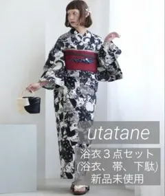 ☆新品 3L4L5L 浴衣3点セット ニコアンティーク 赤の竹柄に菊の影絵