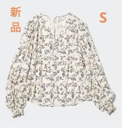 ユニクロ プリント Vネックブラウス 花柄 長袖 S 新品 未使用