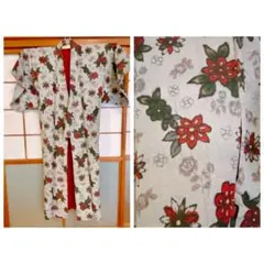 クリスマス　小紋　普段着　ポインセチア　レッド　グレー　冬　小さいサイズ　S