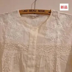 アイボリー　ドビー　刺繍　コットン　半袖　シャツ　ブラウス　サマンサモスモス