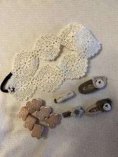 レース編みヘアバンド　クマヘアクリップ　セット　7点　ベビー　キッズ