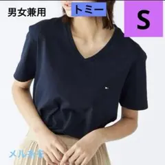 トミーヒルフィガー ロゴVネック　Tシャツ　ネイビー S メル糸を