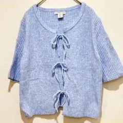 シンセリージュール リボン リブニット クロップドカーディガン 半袖 XL 水色