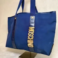 【美品✨】モスキーノ ナイロン トートバッグ ロゴ金具 ネイビー　肩掛可　A4可のサムネイル