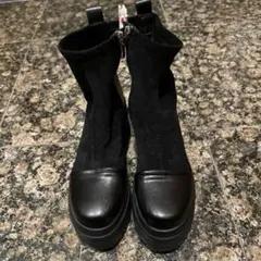 黒 スエード ジッパー付き ワークブーツ厚底