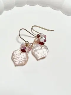 ローズクォーツ マザオパ　トリプレット　カービング　2way 14kgfピアス