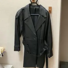 レディース 黒レザー ダブルブレストコート