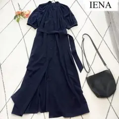 【美品】IENA ノーカラーシャツワンピース ベルト付き 半袖 両ポケット