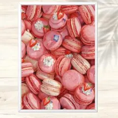 A4 苺と花で彩るときめきのマカロンブーケ水彩画アート インテリアアート