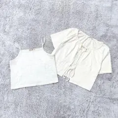 ダブルリボンカーディガンセット キャミソール 羽織 ホワイトベージュ シンプル