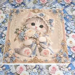 未使用　猫ちゃんパネル生地＆デニム調パッチワーク風花リボン柄生地