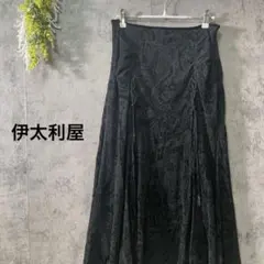 イタリヤ　ロングスカート　ペイズリー柄　フロッキー加工　シャーリング　個性的　黒のサムネイル