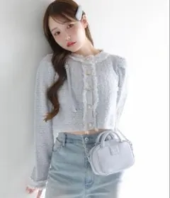 NICE CLAUP ツイードニットジャケット 水色 ナイスクラップ