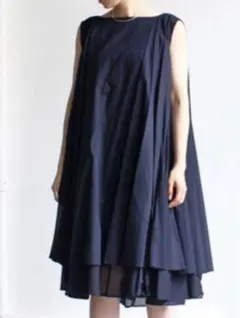 ミズイロインド ダブルヘム フレア ノースリーブ ワンピース ネイビー F