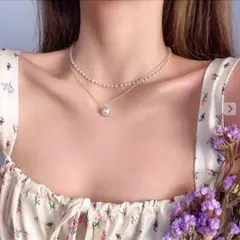 ▼大粒パールヘッド ２連 チョーカー ネックレス シルバーチェーン0705