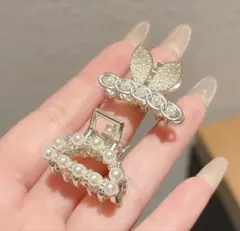 パール装飾シルバーのヘアクリップ2個セット