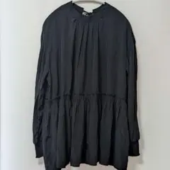 【美品】ワンサイズ 黒 ペプラム チュニック ブラウス ギャザー リボン