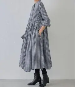 ビアズリー 先染めギャザーワンピース ギンガムチェック 黒