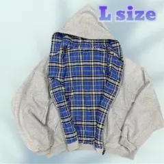 リバーシブルパーカー ブルーチェック グレーフード パーカーユニセックス 青
