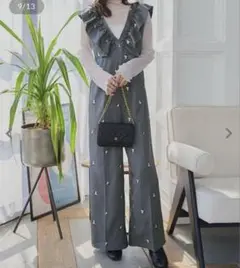 しまむら　RIVIETTA花柄刺繍 オールインワンM グレー