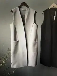 新品 ロングジレ レディース ベスト ロングベスト テーラード グレー