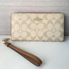 コーチ 財布 レディース ラウンドファスナー長財布 ライトカーキ×ライトサドル
