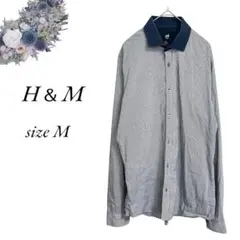 H&M 長袖シャツ M チェック 白 ネイビー ビジネス 通勤 オシャレ3856