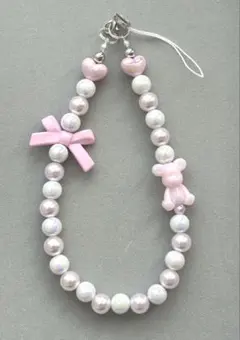 ビーズストラップ　ピンク　白　くま