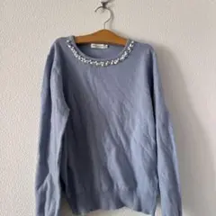 薄い青 ビーズ装飾 長袖ニットセーター