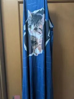 猫プリント タンクトップ 青ワンピース