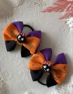 ハロウィン　黒ドクロ　リボンヘアゴム