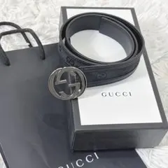 【美品】GUCCI インターロッキングG ブラック レザー ベルト GGロゴ