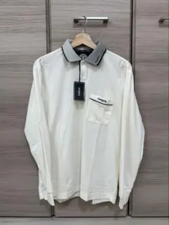 【新品】パリス　PARIS 長袖ポロシャツ ホワイト ストライプ襟 Lのサムネイル