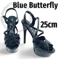 極美品 ブルーバタフライ ハイヒール クロスストラップ サンダル エナメル 黒