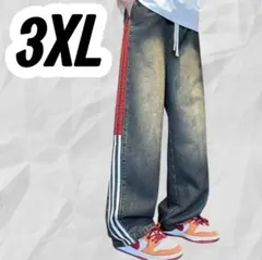 ダークデニム ワイド サイドライン　デニム ストリート ゆったり　韓国　3XL